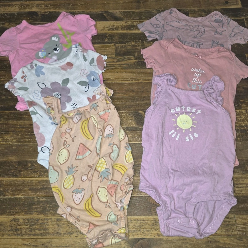 Baby Girl 18 Mo Bodysuit 6 pc Lot Pajamas Tops Pastels One Piece Bundle